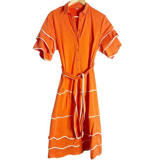 Alexis Rhodes Orange Short Sleeve Belted Tie Waist Midi Shirt Dress Size Large - Picture 6 of 16